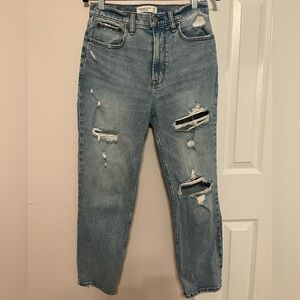 A&F Ankle Straight Ultra High Rise Distressed Blue Jeans